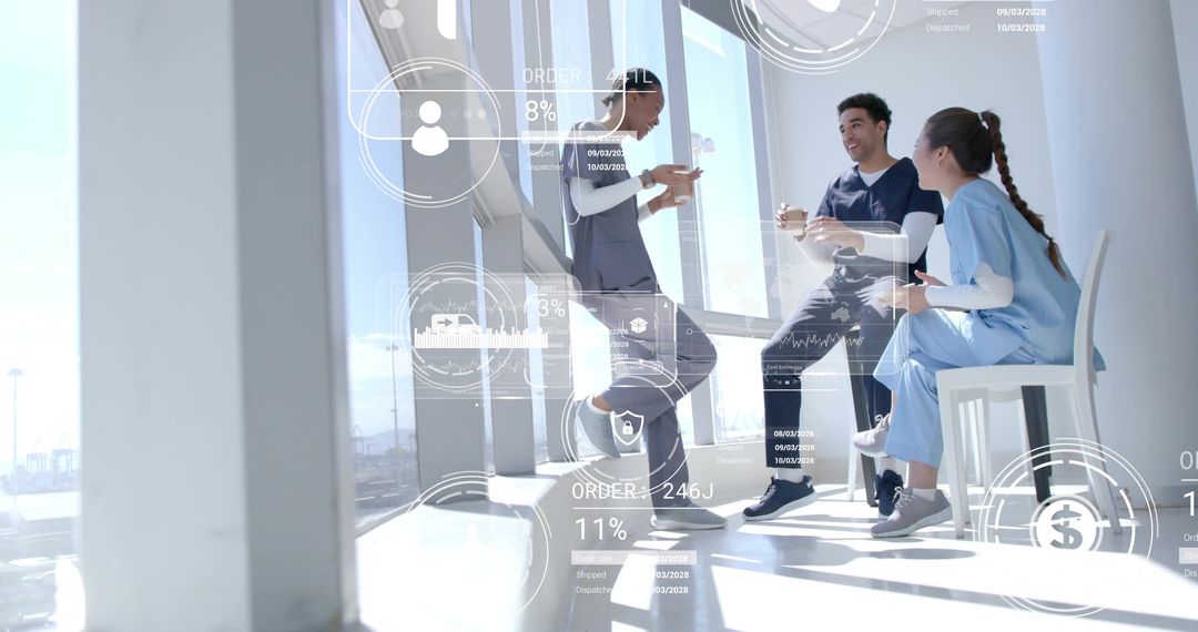 Healthcare Professionals Collaborating with Digital Data in Sunny Breakroom