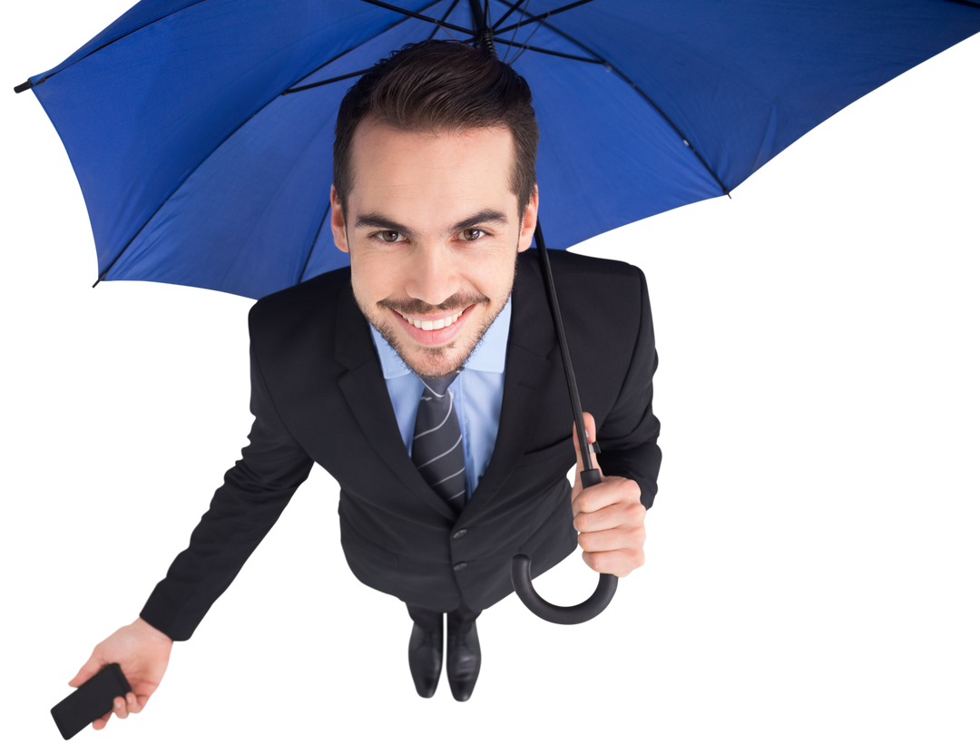 Transparent Smiling Businessman Under Blue Umbrella Holding Phone - Download Free Stock Images Pikwizard.com