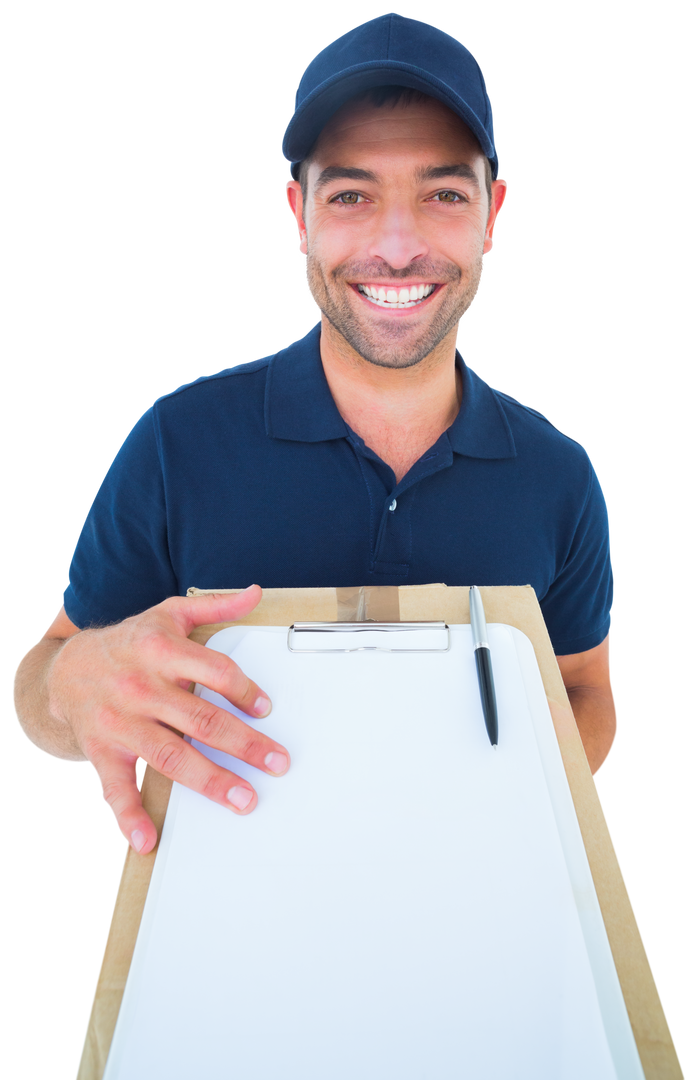 Smiling Delivery Man Holding Blank Clipboard Transparent Background - Download Free Stock Images Pikwizard.com