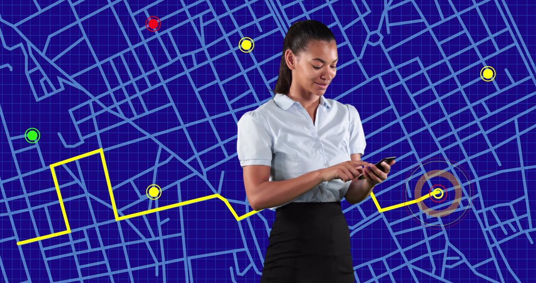Businesswoman Using Smartphone with Navigation Map Overlay