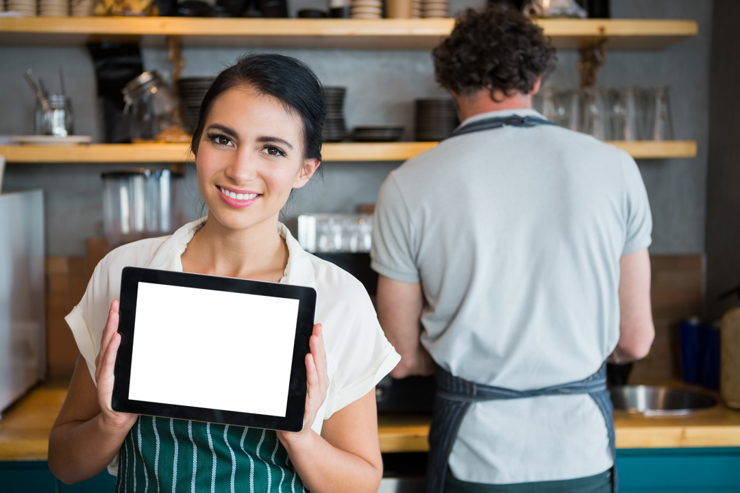 Transparent Tablet Promotion with Smiling Woman in Cafe Setting - Download Free Stock Images Pikwizard.com