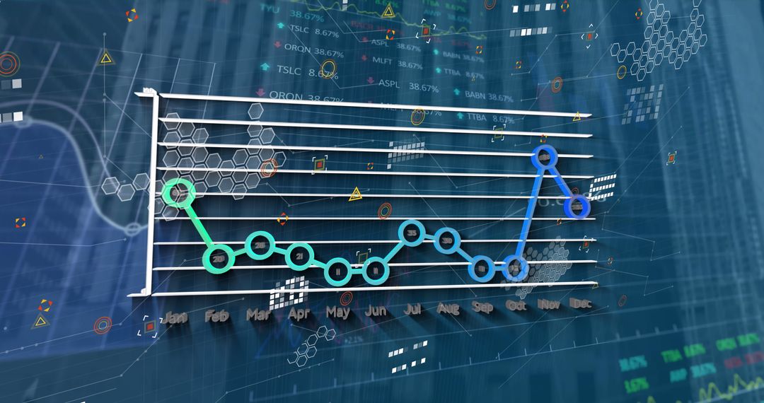 3D Financial Line Graph with Digital Visualizations and Tickers