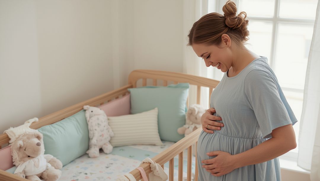 Expectant Mother Smiling at Peaceful Nursery During Pregnancy Journey