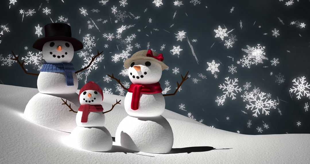 Snowman Family Enjoying Magical Winter Snowfall