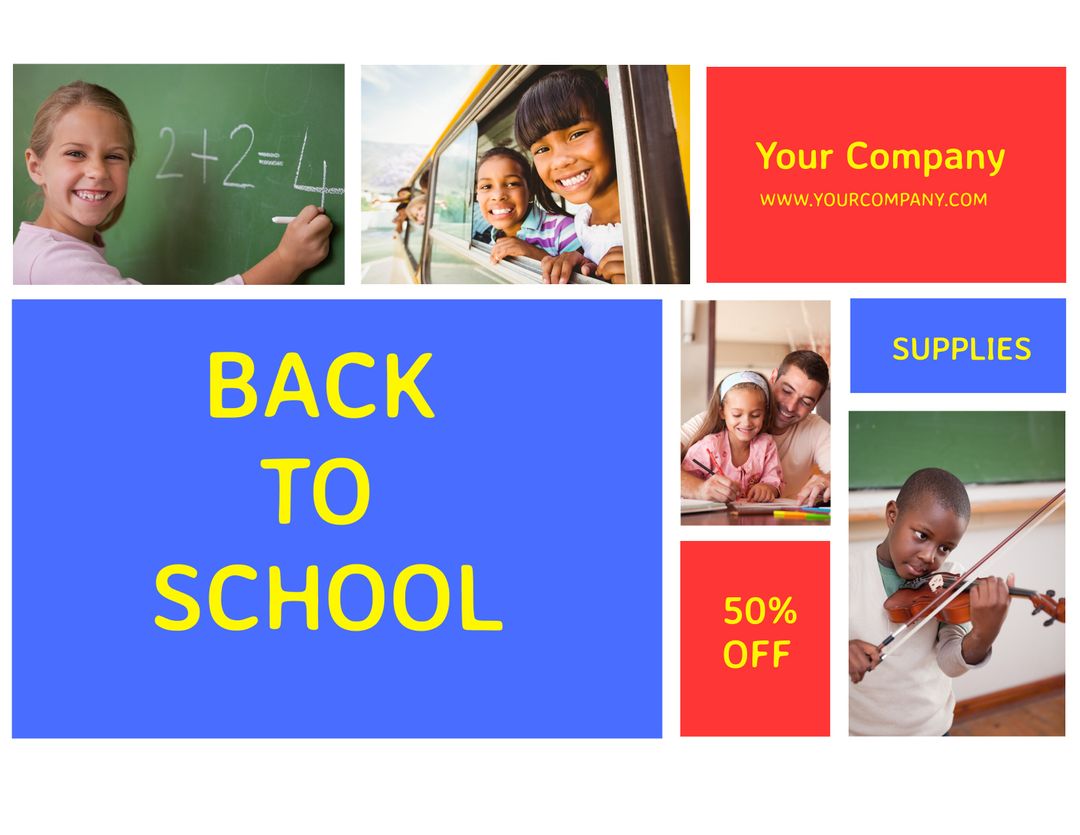 Bright School Supplies Promotion with Happy Students and Learning Activities