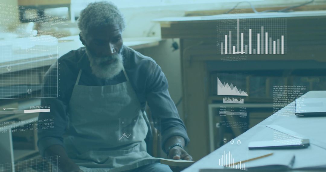 Craftsman Reviewing Wood Sample with Digital Data Overlay
