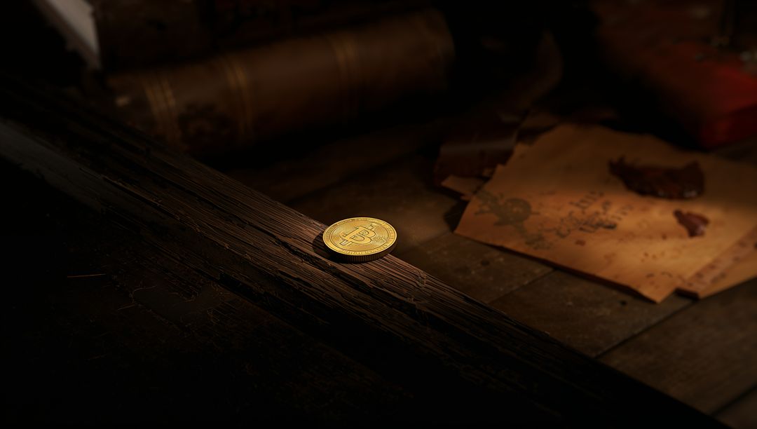 Gold Bitcoin Coin Resting on Rustic Wooden Beam with Wax-Sealed Map and Antique Scroll