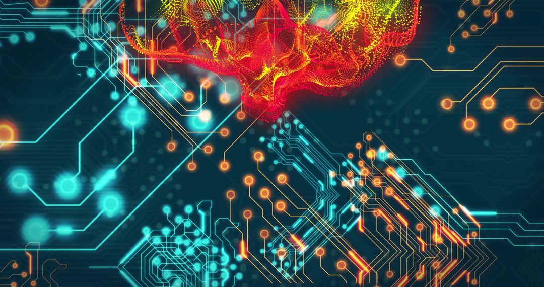 Digital Brain Rotating Over Holographic Circuit Board