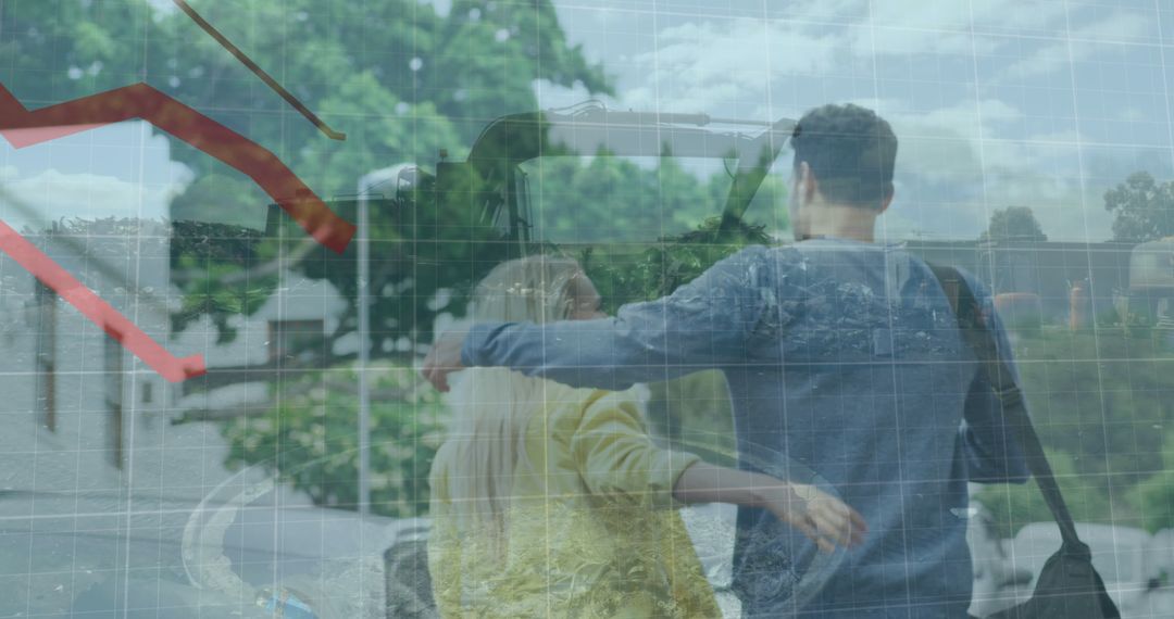 Caucasian Couple Walking with Financial Data Overlay