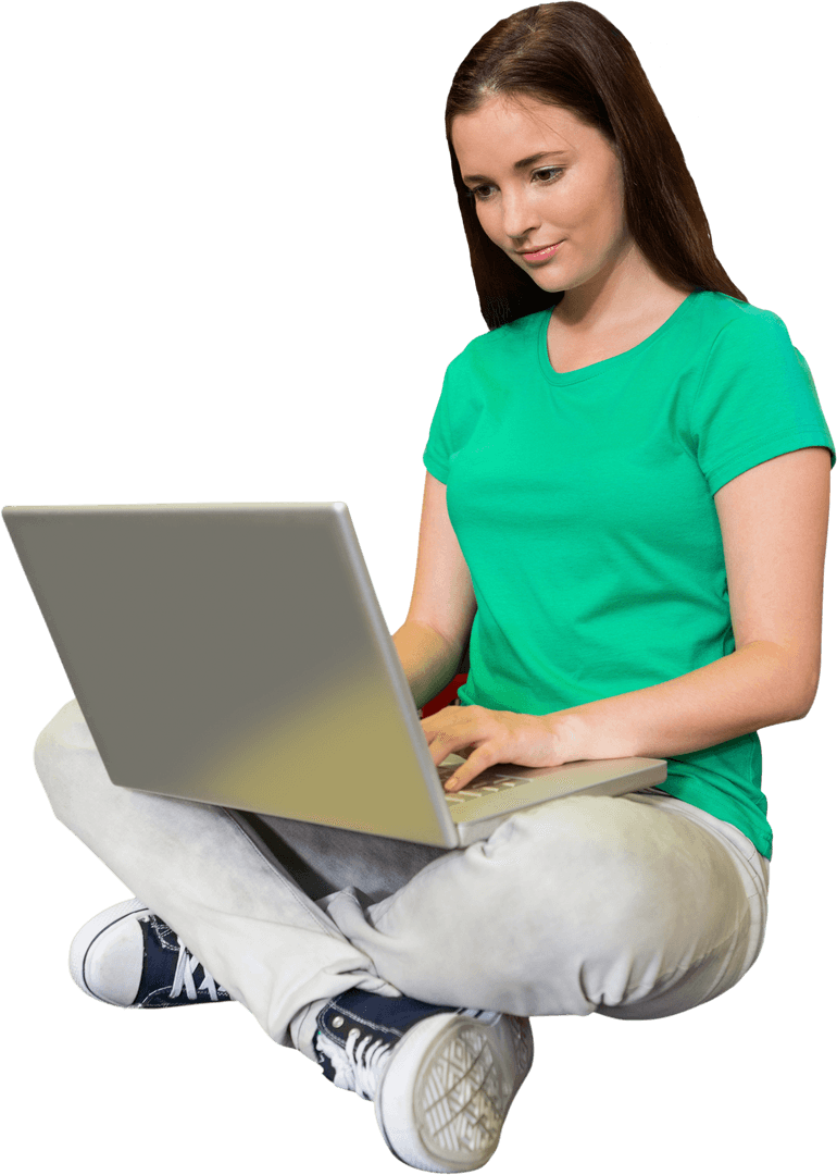 Young Woman on Floor Using Laptop, Transparent Background