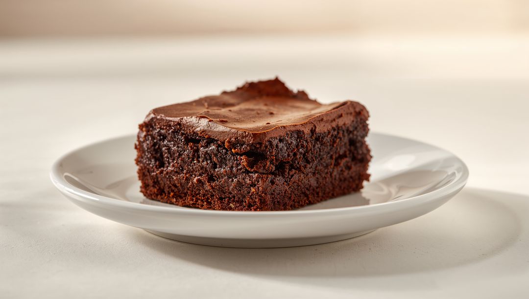 Presenting frosted chocolate brownie on white plate close-up with moist fudgy texture