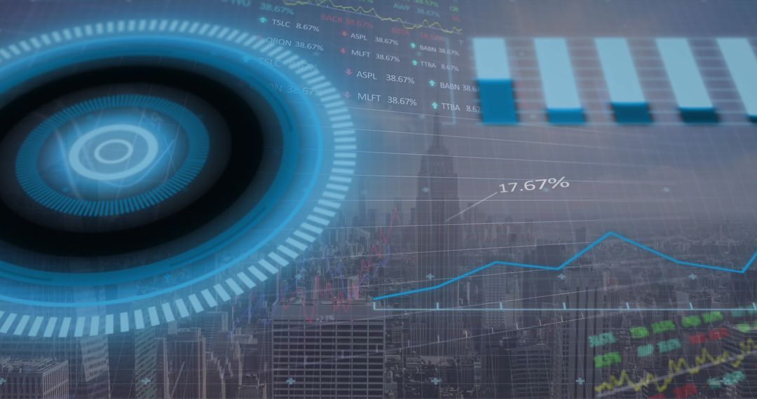 City Skyline Intertwined with Global Data Interface