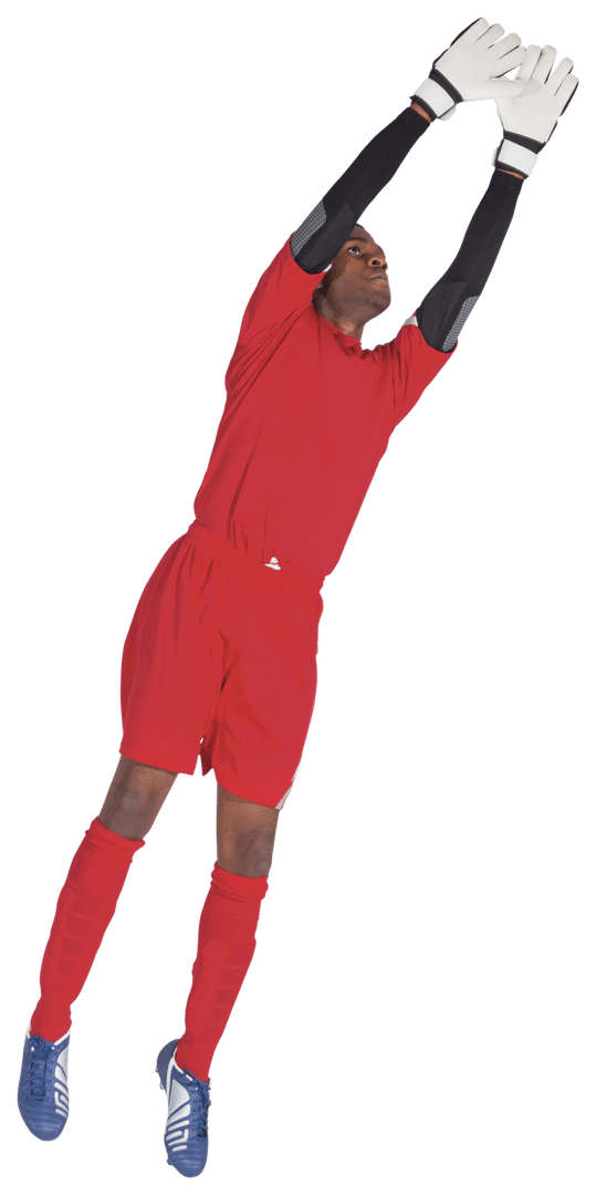 Soccer Goalkeeper in Red Making Dynamic Save on Transparent Background