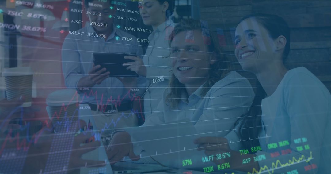 Colleagues Discussing Stock Market Analytics with Digital Graph Overlay