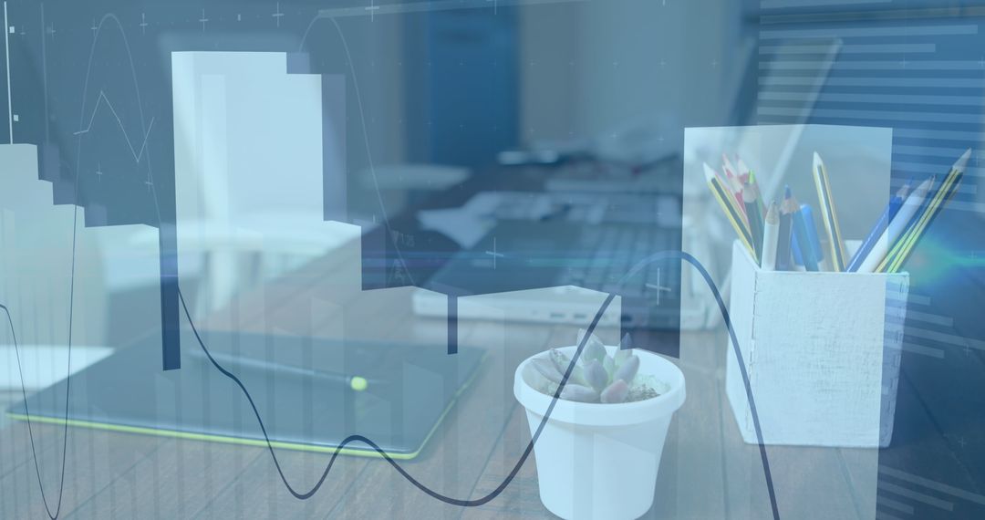 Abstract Digital Interface Overlay on Modern Office Desk