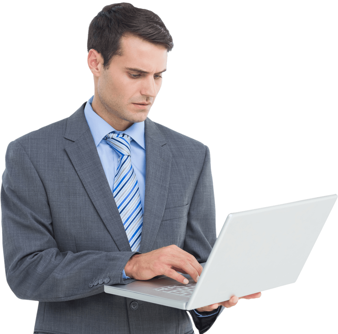 Transparent Businessman Working on Laptop in Professional Setting