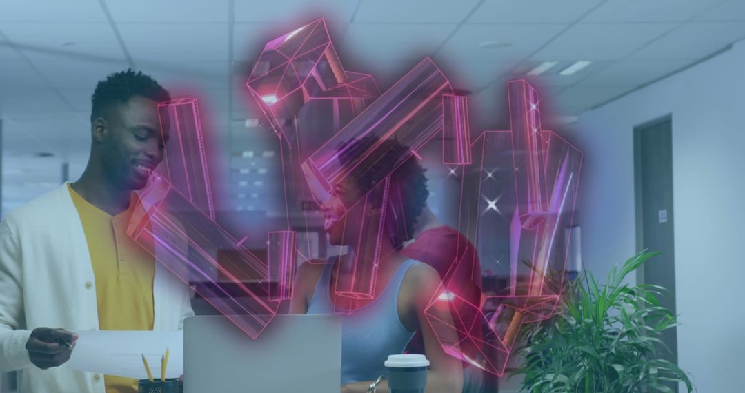 Team Analyzing Holographic Crystals in Futuristic Office Setting