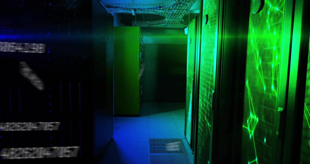 Server Rack with Green LED Signals in Dimly Lit Corridor