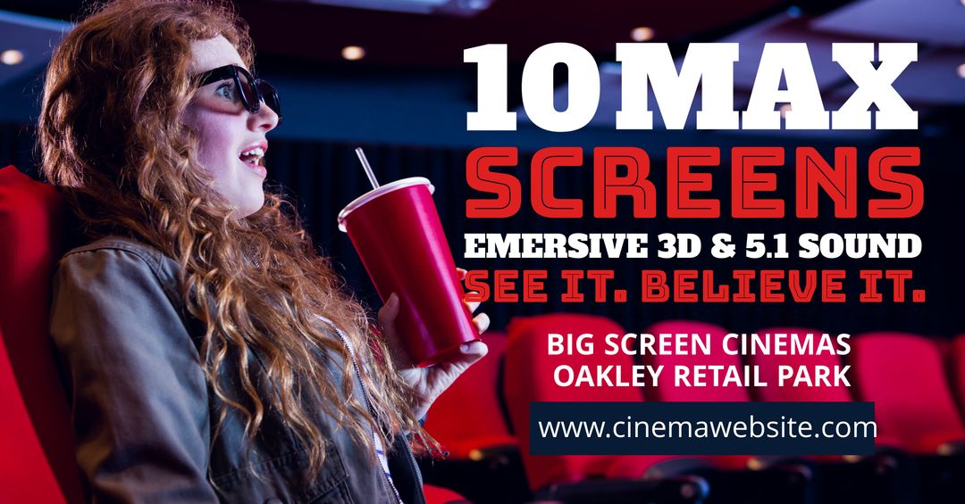 Excited Woman Enjoying 3D Movie in Modern Cinema with Drink and Jacket - Download Free Stock Templates Pikwizard.com