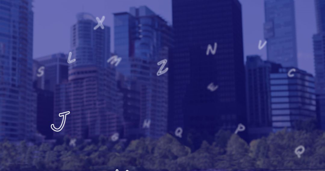 Futuristic Cityscape with Falling Letters Overlay