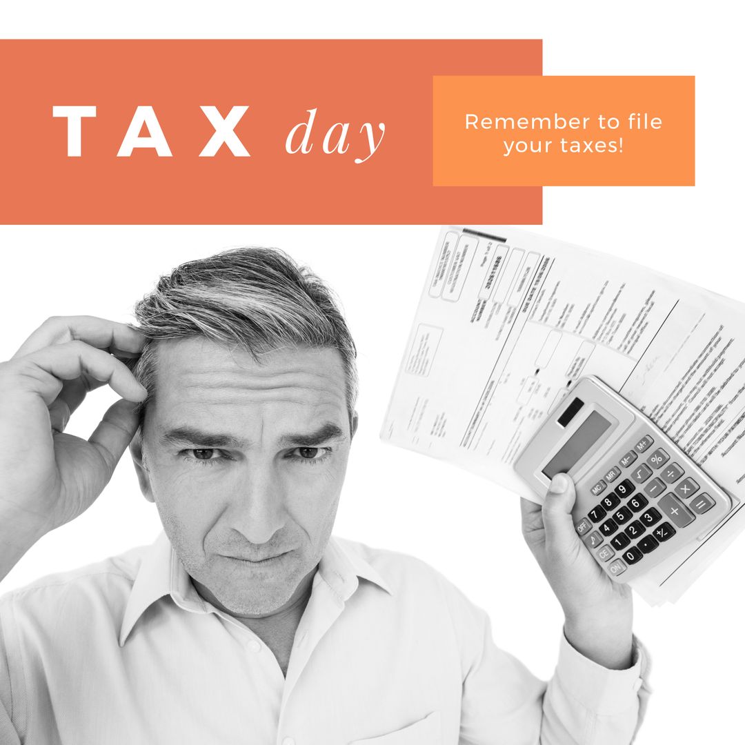 Stressed Man with Calculator and Tax Documents for Tax Day Reminder
