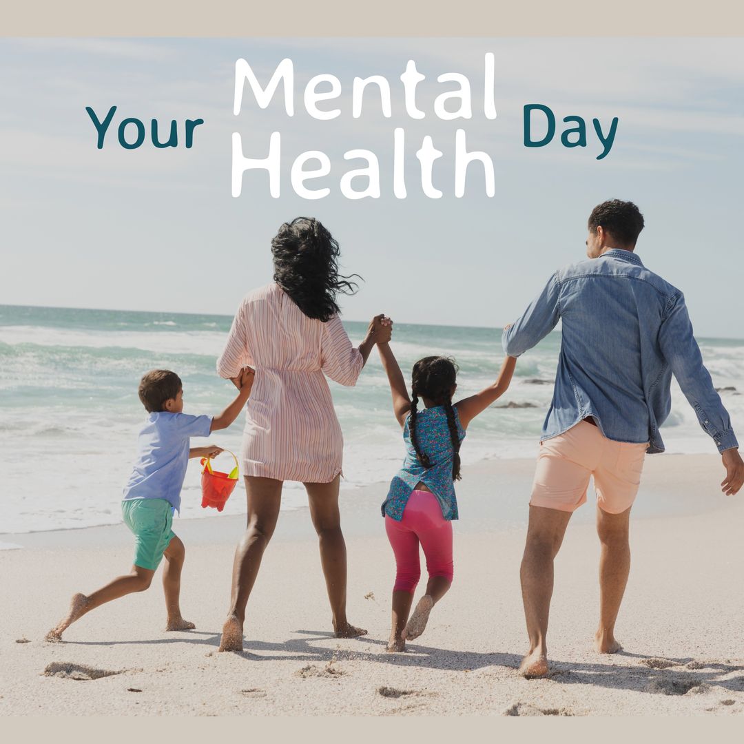 Happy Multiracial Family Enjoying Beach Day For Mental Health Awareness - Download Free Stock Templates Pikwizard.com
