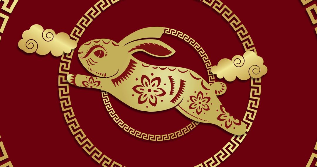 Golden Chinese Zodiac Rabbit on Red Background