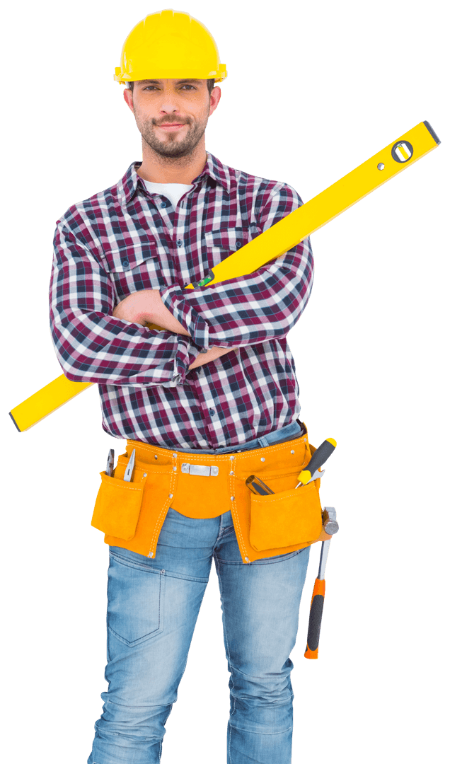 Transparent Smiling Handyman Holding Spirit Level