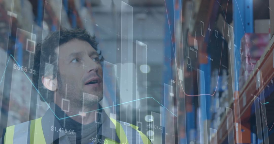 Worker in Warehouse Observing Digital Financial Data Overlay
