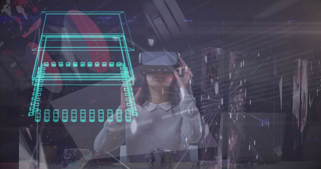 Woman in VR Headset Interacting with Digital Data Visualization