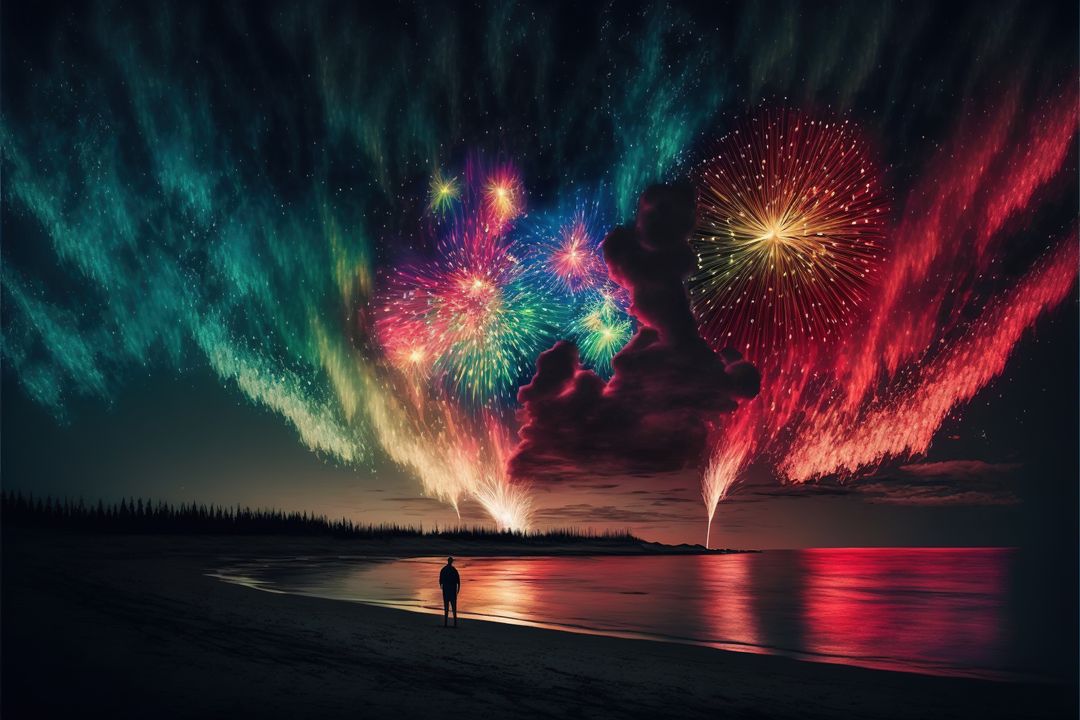 Person Standing on Beach Witnessing Colorful Fireworks Display - Free Images, Stock Photos and Pictures on Pikwizard.com
