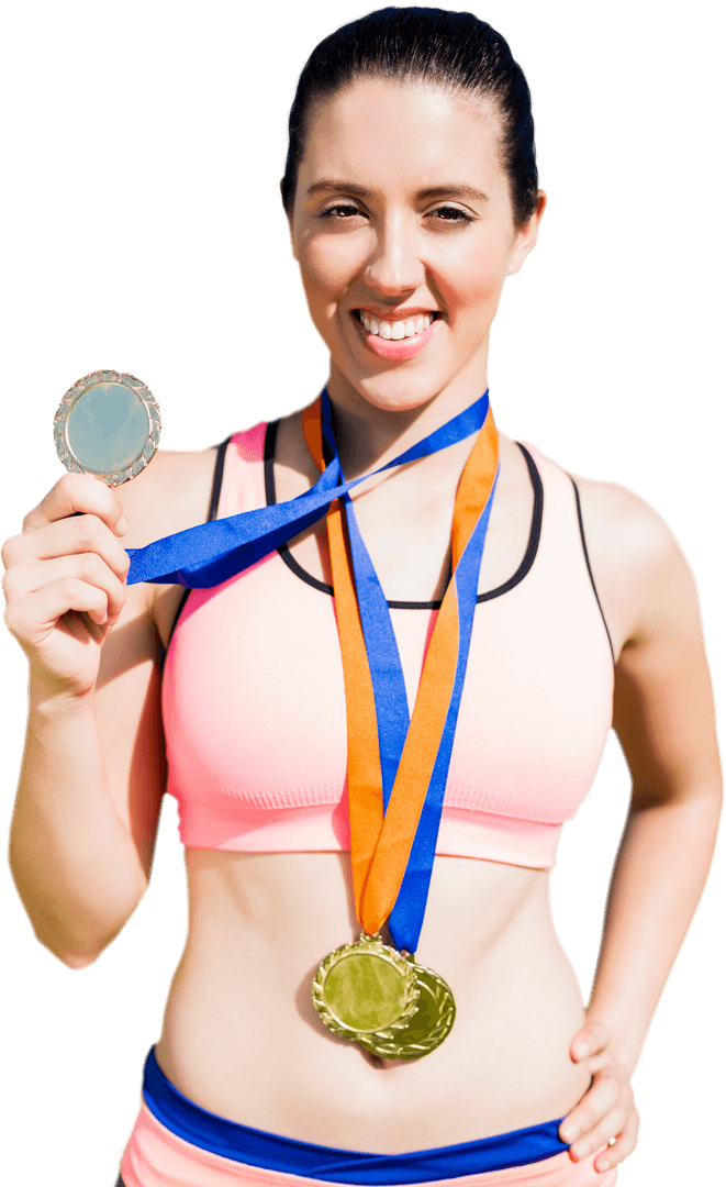Smiling Athlete Holding Medals on Transparent Background
