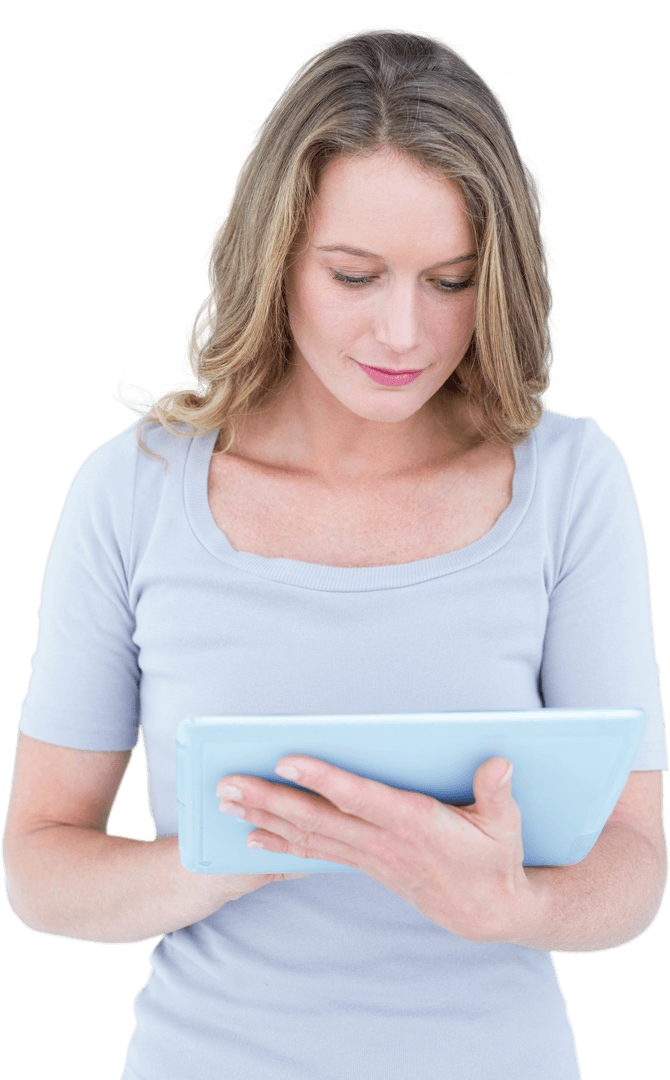 Transparent Woman Using Digital Tablet Thoughtfully