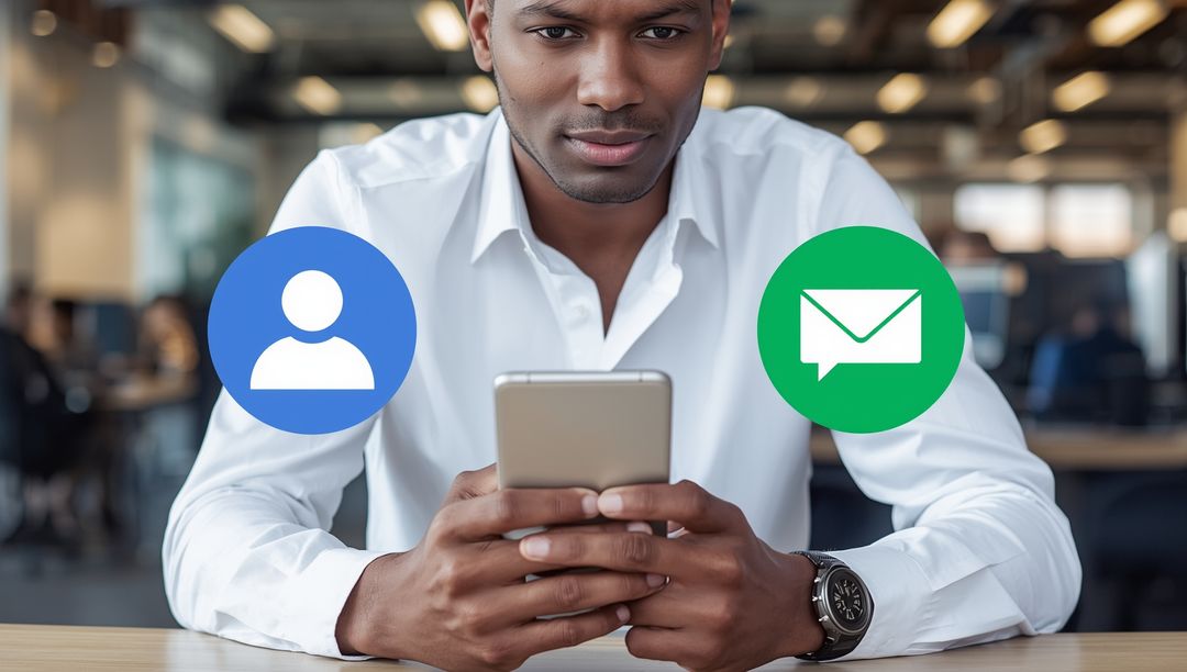 Businessman Using Smartphone with Communication Icons Overlay