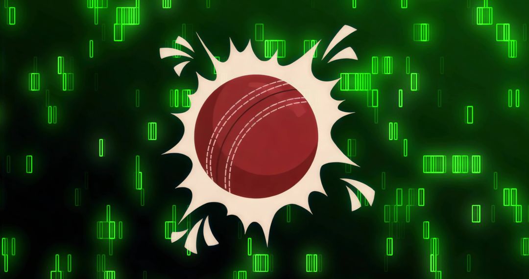 Cricket Ball Bursting Through Digital Code Matrix, Futuristic Sports Data Visualization