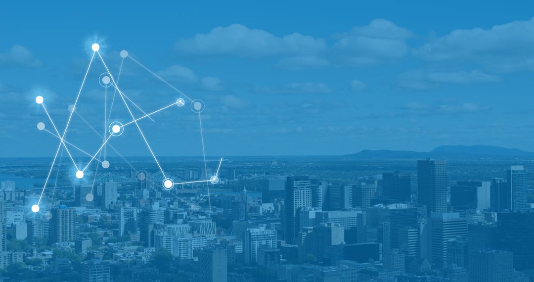 Digital Network Connections Overlay on Cityscape Background
