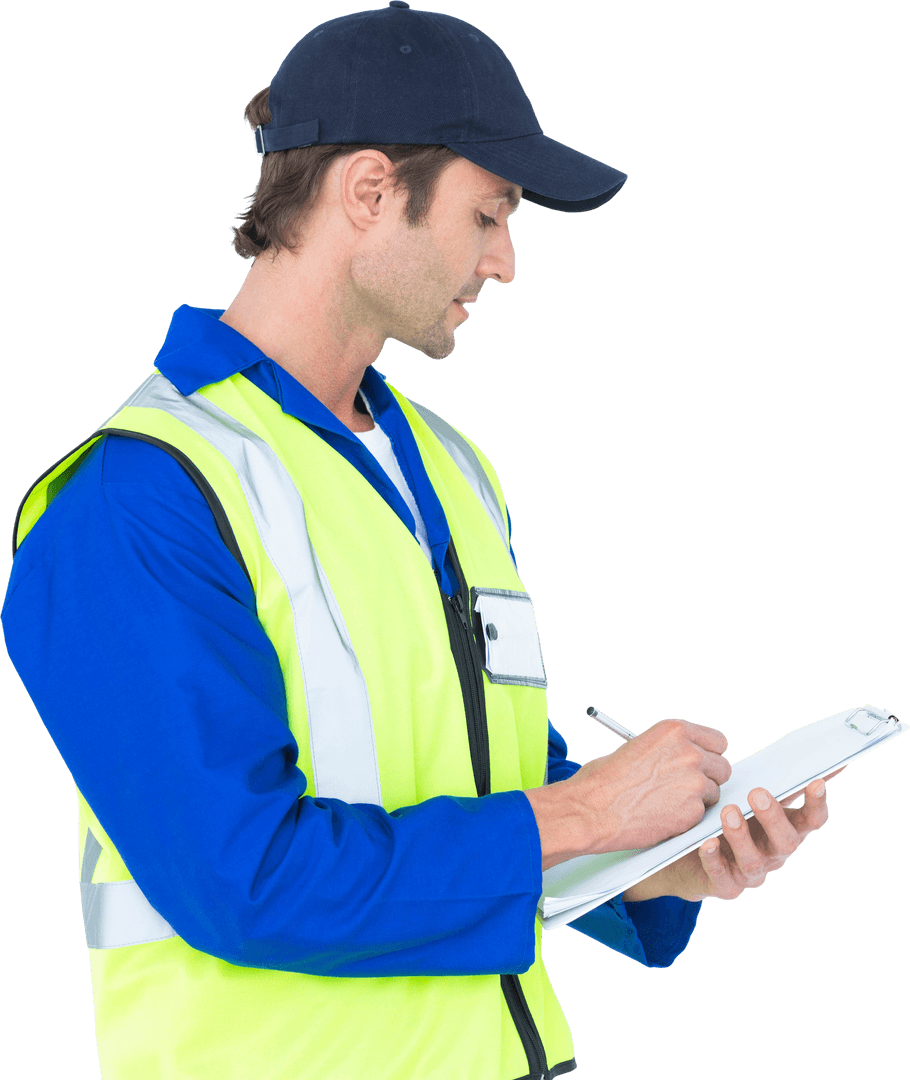 Transparent Worker Writing Notes on Clipboard in Safety Attire