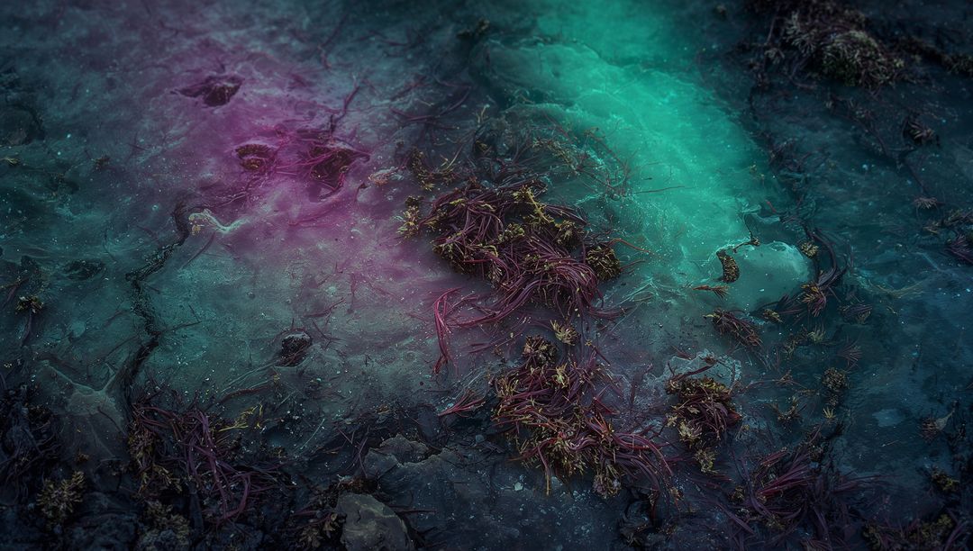 Teal and Magenta Moody Tidepool Textures with Seaweed Clumps on Wet Rocky Shoreline