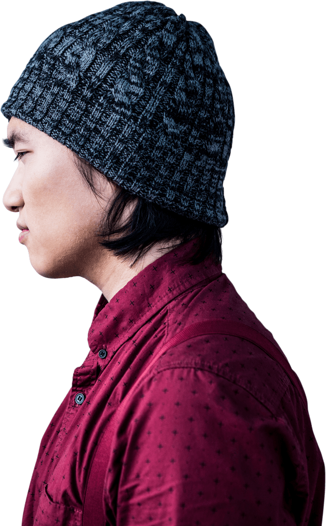 Transparent Side View of Thoughtful Man in Beanie