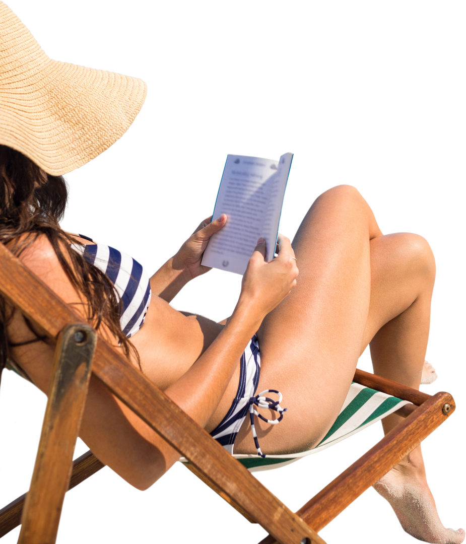 Caucasian Woman in Striped Swimsuit Reading on Sunbed with Transparent Background - Download Free Stock Images Pikwizard.com