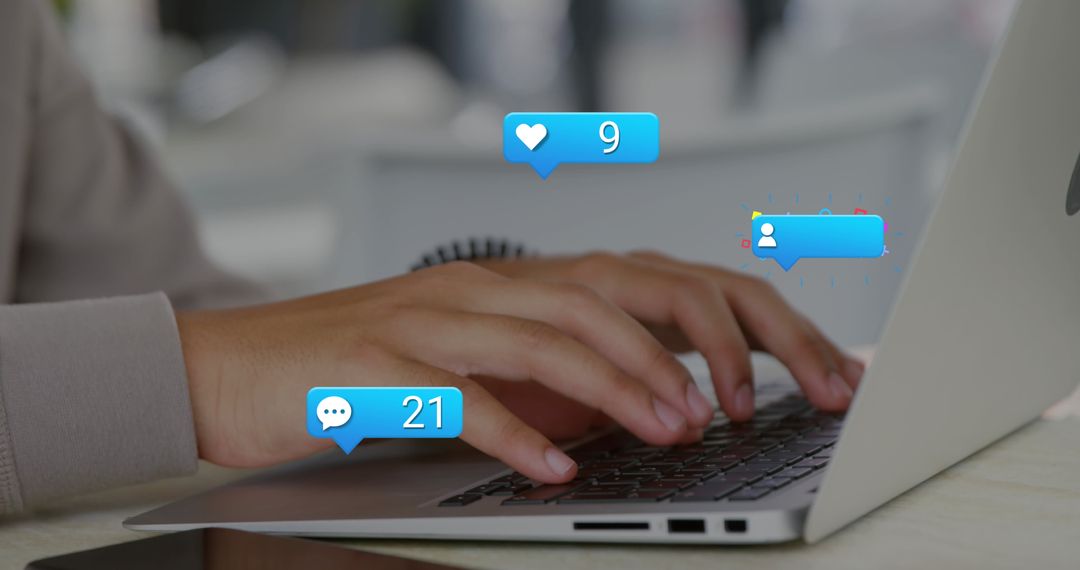 Caucasian Hands Typing on Laptop with Notifications Overlay