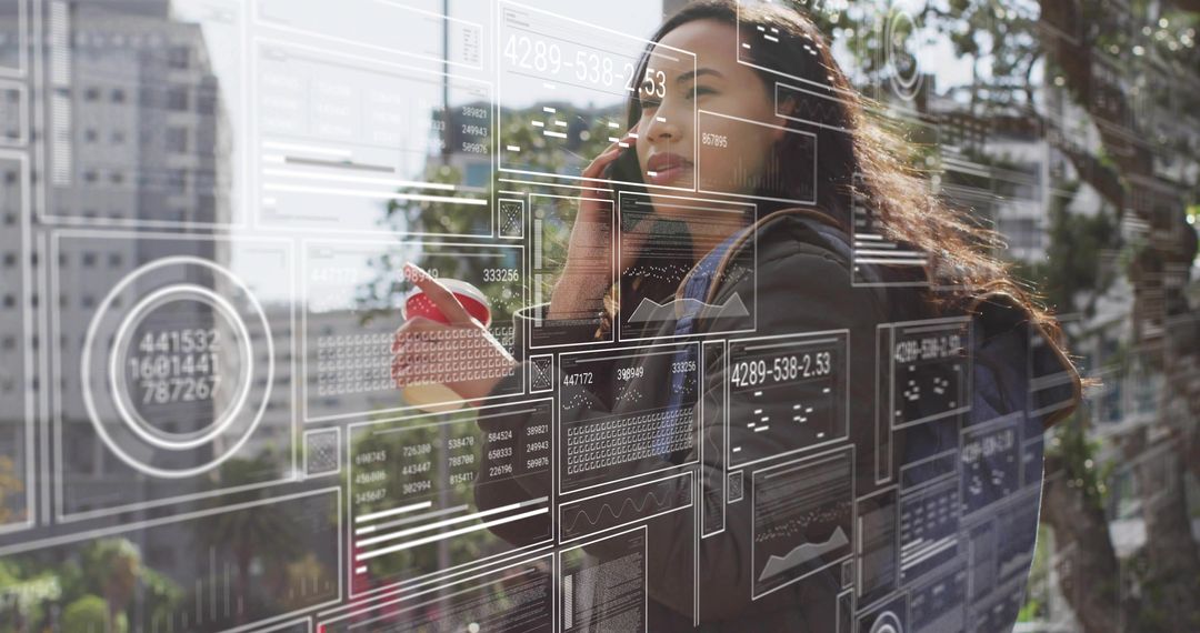 Urban commuter walking, talking on smartphone, holding coffee with HUD data overlay