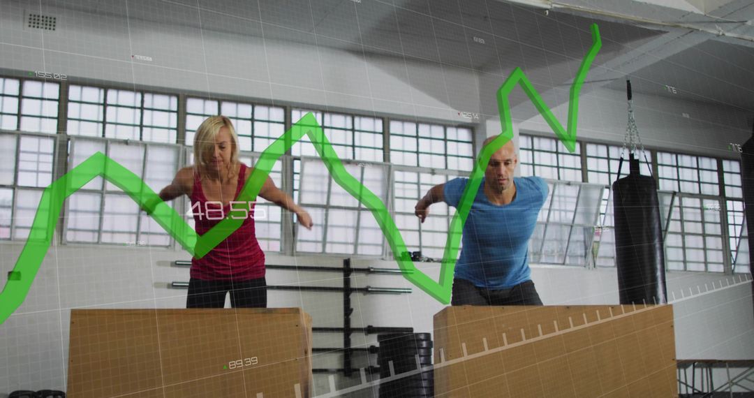 Fitness Enthusiasts Executing Box Jumps with Data Visualization