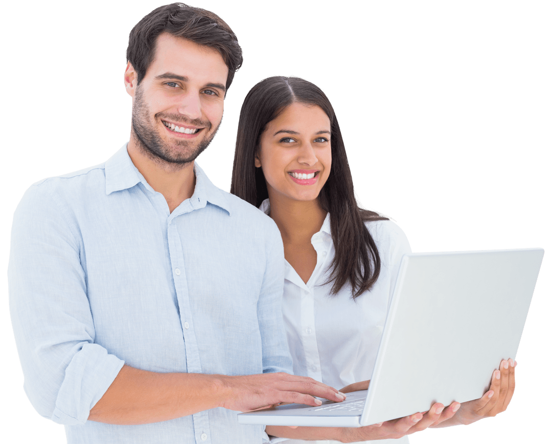 Smiling Young Couple Interacting with Laptop on Transparent Background