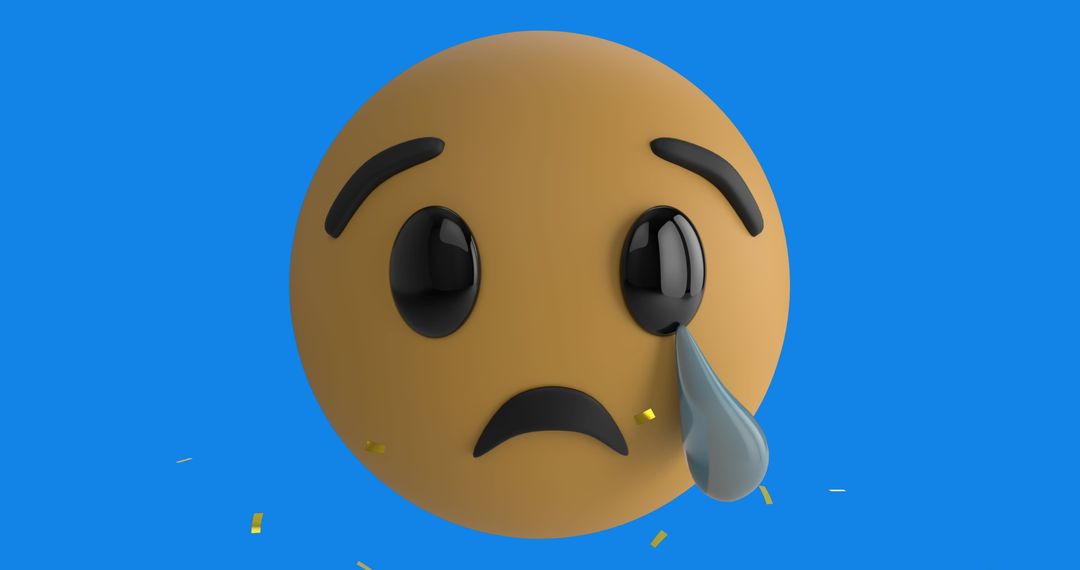Crying Face Emoji with Golden Confetti on Blue