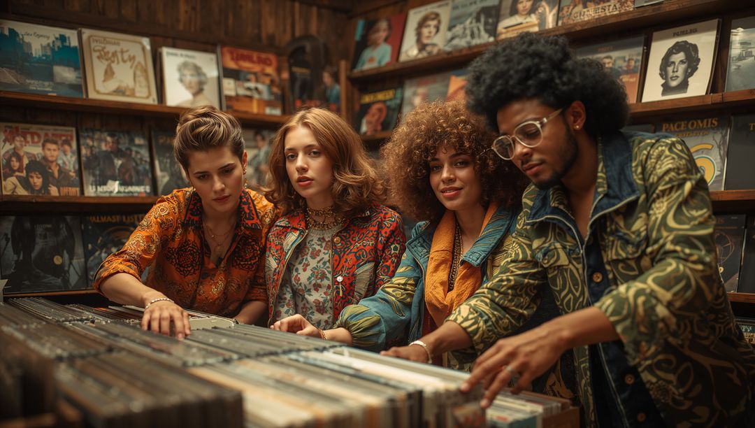 Group of Friends Exploring Vinyl Records in Retro Record Store