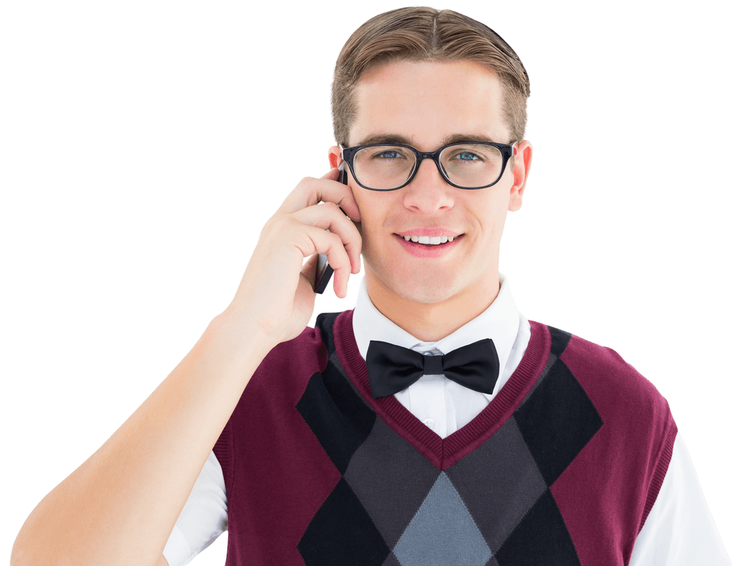 Transparent Geeky Hipster Talking on Mobile Phone with Bow Tie