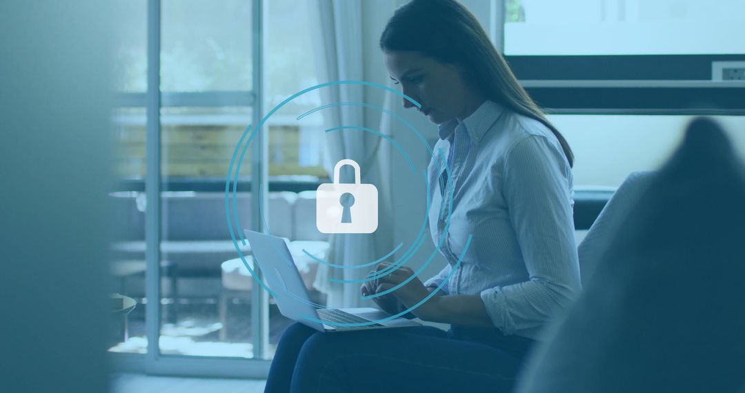 Woman Using Laptop in Modern Corporate Lounge with Security Icon