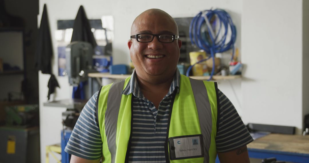 Smiling Worker Wearing High-Visibility Vest in Industrial Workshop