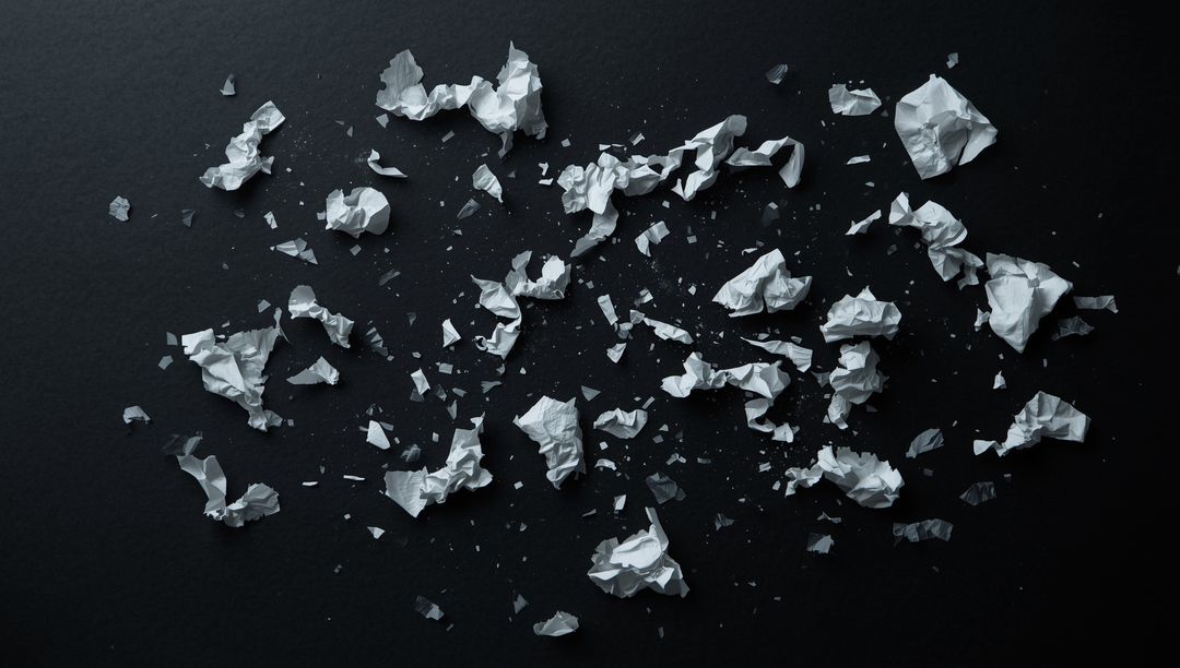 Crumpled Paper Pieces on Dark Table Surface, Monochrome Creativity